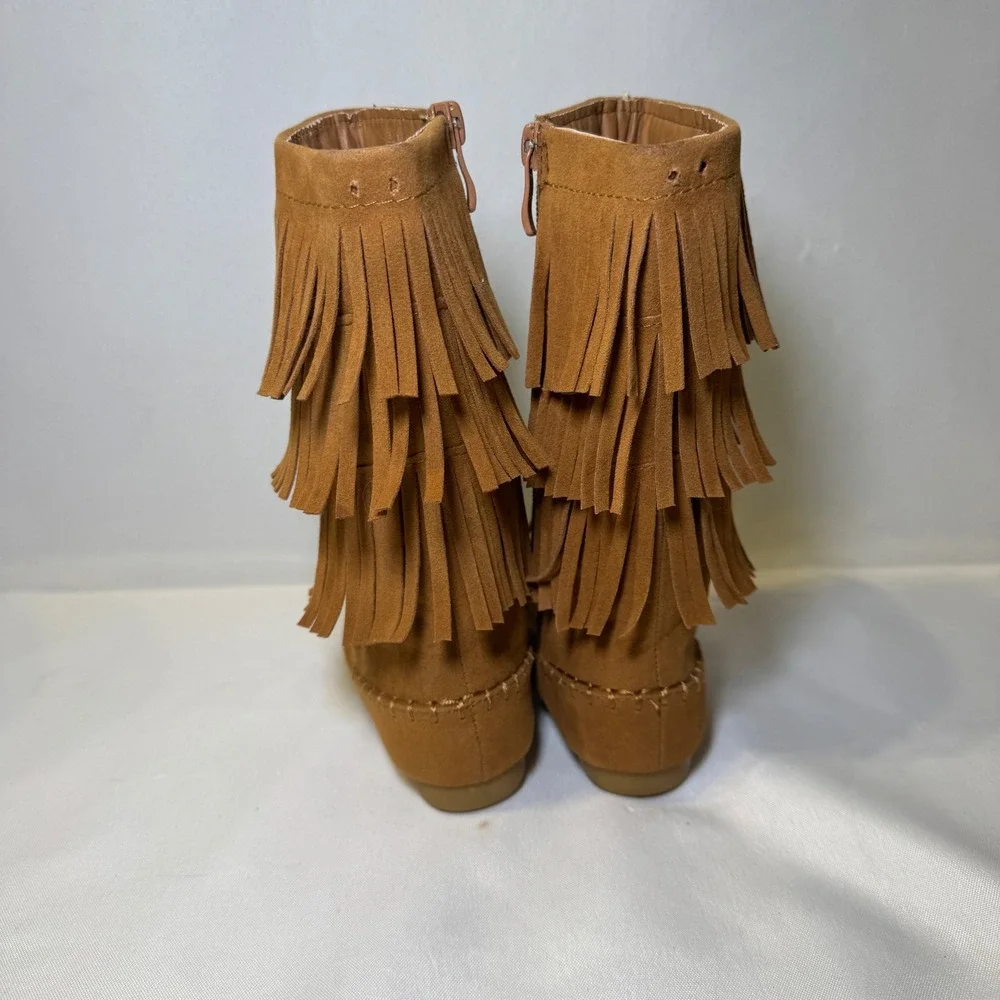 Link‎ Tan Suede Fringed Moccasin Boots Side Zip Boho Chick Little Girls Size 7